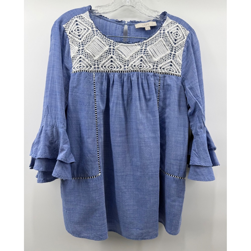 LOFT Blue Chambray Crochet Lace Yoke Ruffle Bell Sleeve Blouse Top Medium Boho